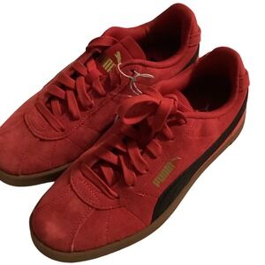 Puma Suede Red Black Gum Low Top Sneakers Gold Logo Youth 4